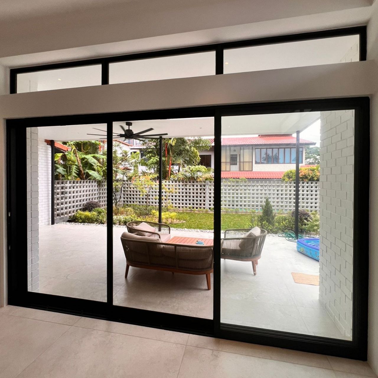 Insect screen for sliding doors installed in the living room of a landed property in Singapore