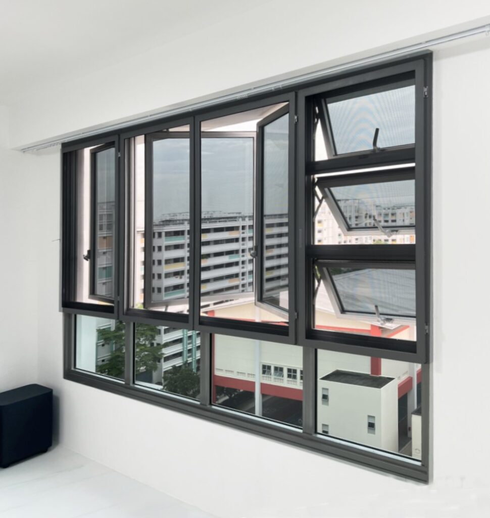 Stainless steel cat mesh installed on a HDB living room window with a swing screen
