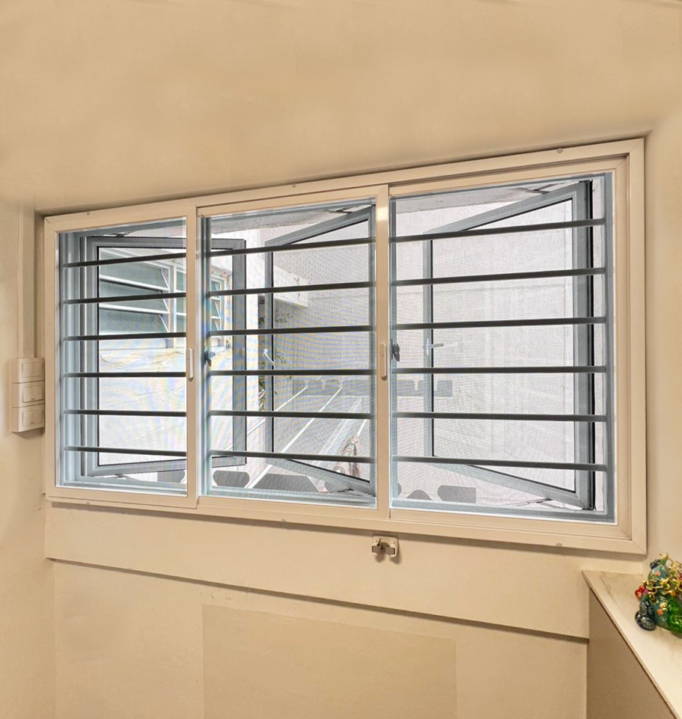 Sliding cat mesh system installed on casement windows with grilles for pet safety and ventilation