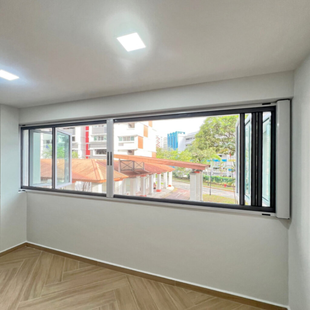 Retractable cat mesh installed on wide bifold windows providing unblocked views with no fixed panels