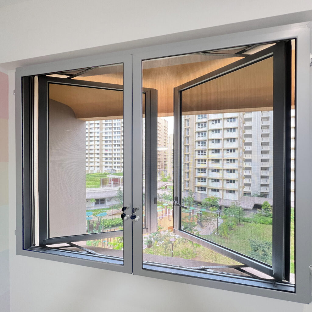 Cat mesh swing screen installed on casement windows to provide pet safety and ventilation in HDB flats.