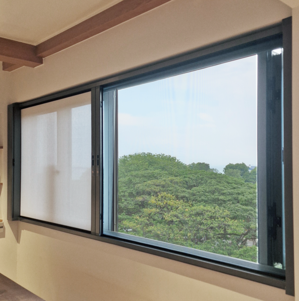 Wide windows with clear view fitted with duo system blinds and cat mesh.