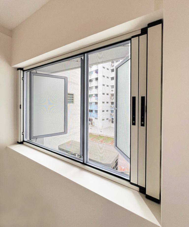 Double panel windows fitted with dual retractable blinds and insect mesh.
