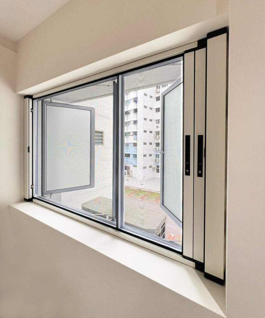 Double panel windows fitted with dual retractable blinds and insect mesh.